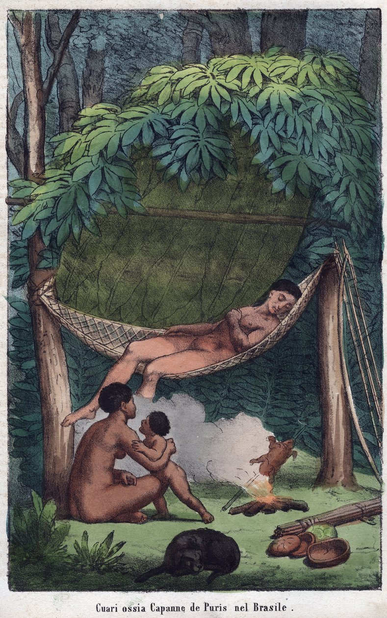 Cabane des Puris au Brazil - منظر لكابينة Puri في البرازيل - نقش من عادات وتقاليد جميع شعوب الكون. هذا هو تاريخ الحكومة ، والقوانين ، والميليشيات ، ودين جميع الأمم من أبعد الأوقات حتى الأيام بواسطة فنان غير معروف