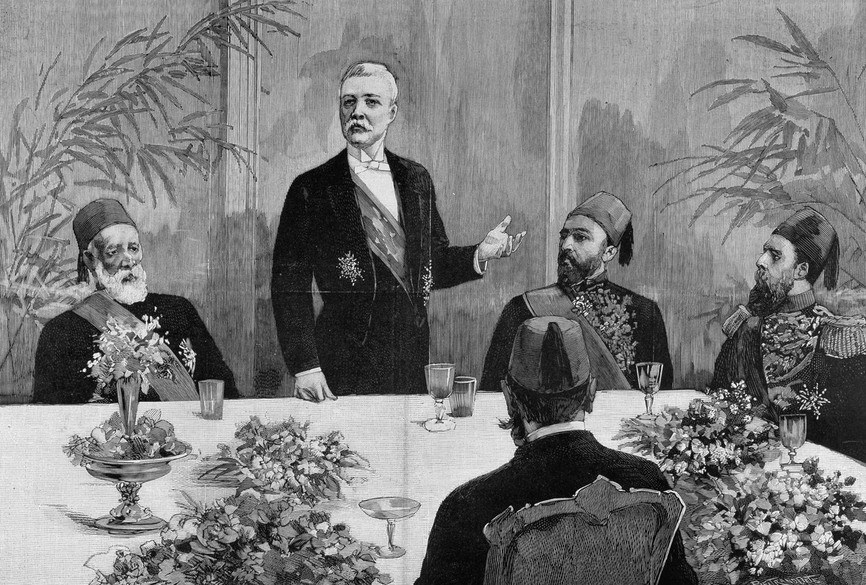 القاهرة: ستانلي (السير هنري مورتون) (1841 - 1904) يلقي كلمة في مأدبة له. نقش القرن التاسع عشر. بواسطة فنان غير معروف