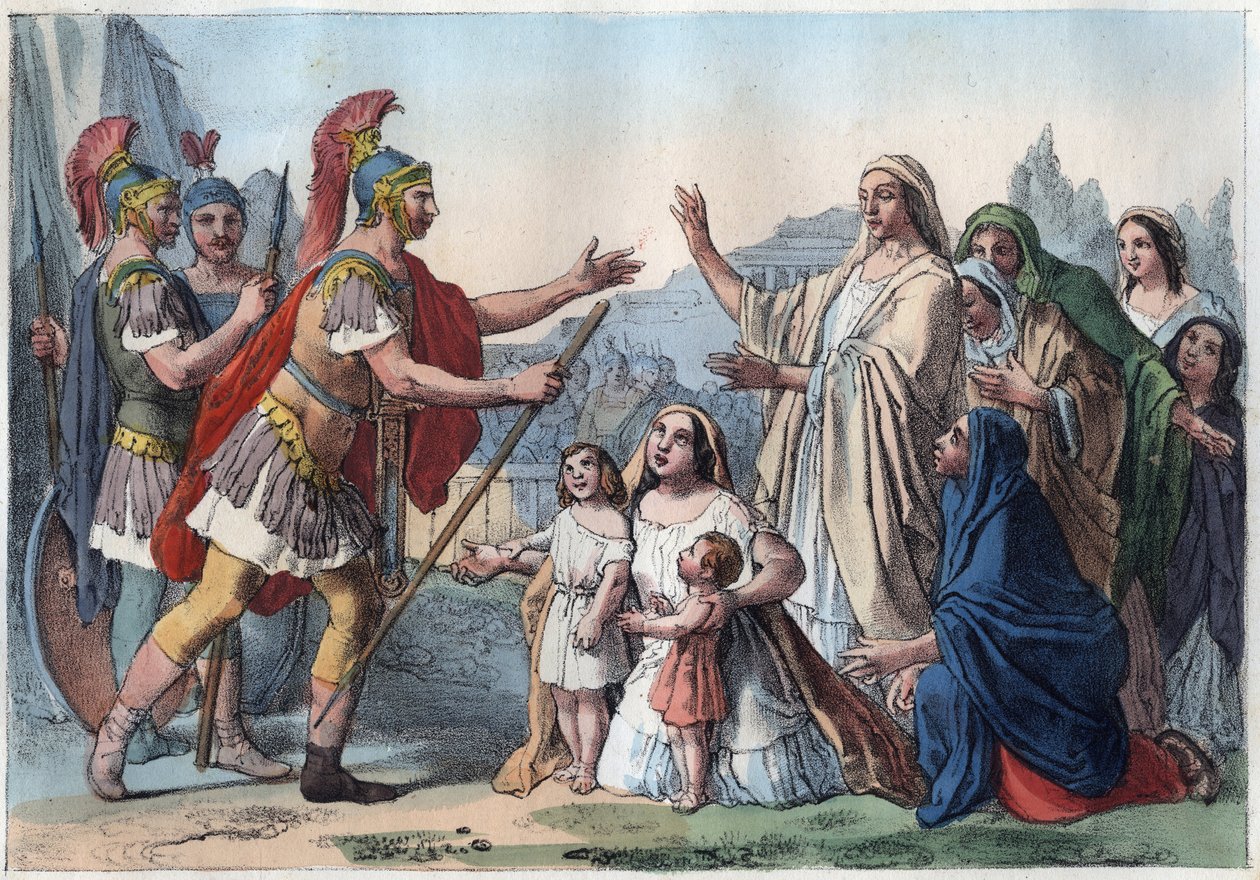 Caius Marcius Coriolanus (Coriolan) ووالدته (488 قبل الميلاد) - حصار Coriolan لروما بدعم من الناس - أقنعه والدته Veturia وزوجته Volumnia بالتقاعد - Volumnia و Verturia قبل Coriolan (Gaius Marcius Coriolanus) - الأم أ بواسطة فنان غير معروف