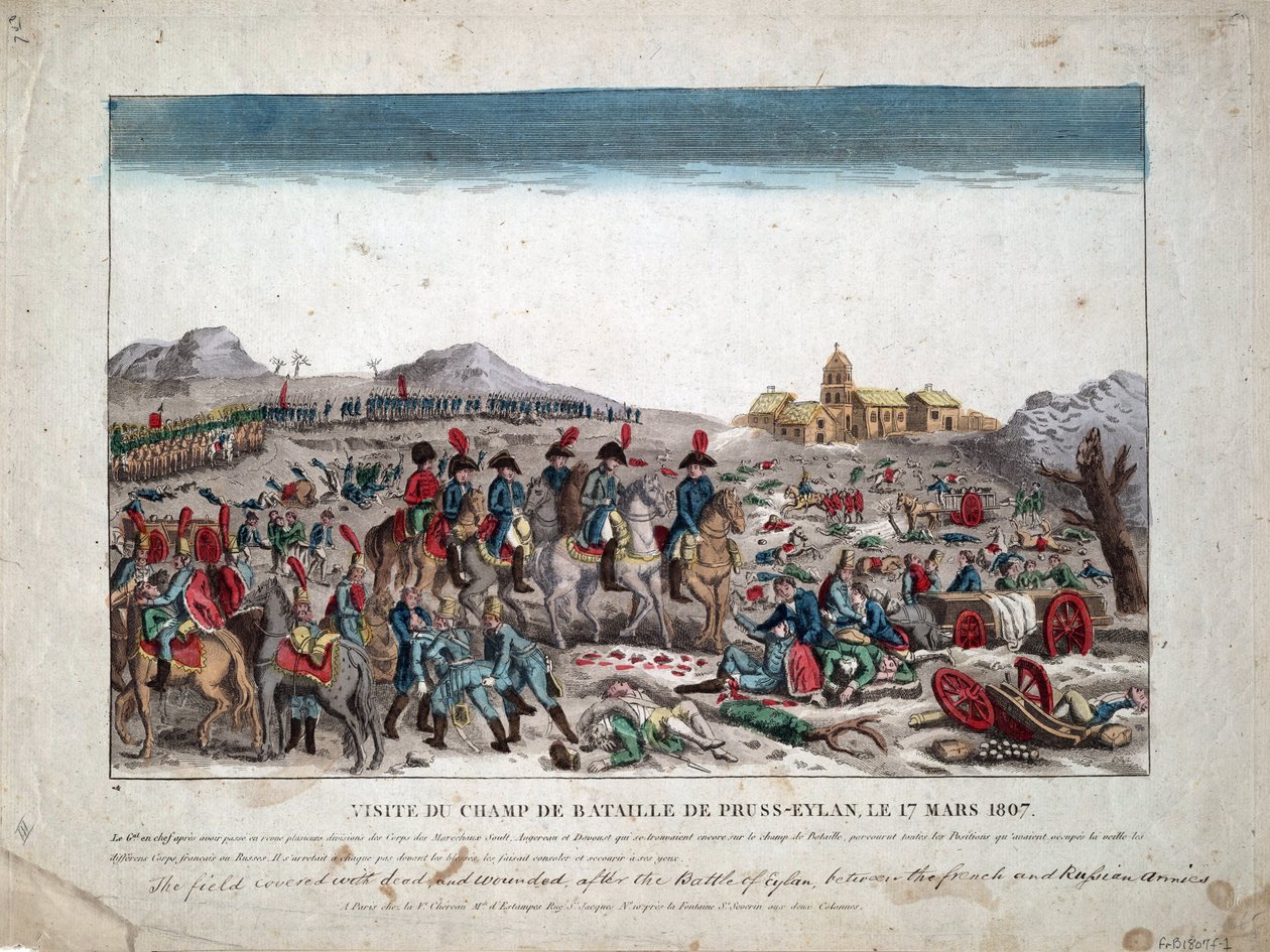 حملة بروسيا وبولندا (1806-1807) "" نابليون الأول في ساحة معركة إيلاو في 9/02/1807 "- في ساحة معركة إيلاو - مجهول - 1807 - حفر ، ألوان مائية - 33،4 × 44 ، 5 - مجموعة خاصة بواسطة فنان غير معروف