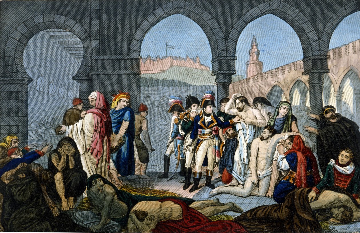 حملة (البعثة) المصرية (1798-1801): الجنرال بونابرت يزور مستشفى الطاعون في يافا. نقش القرن التاسع عشر. بواسطة فنان غير معروف