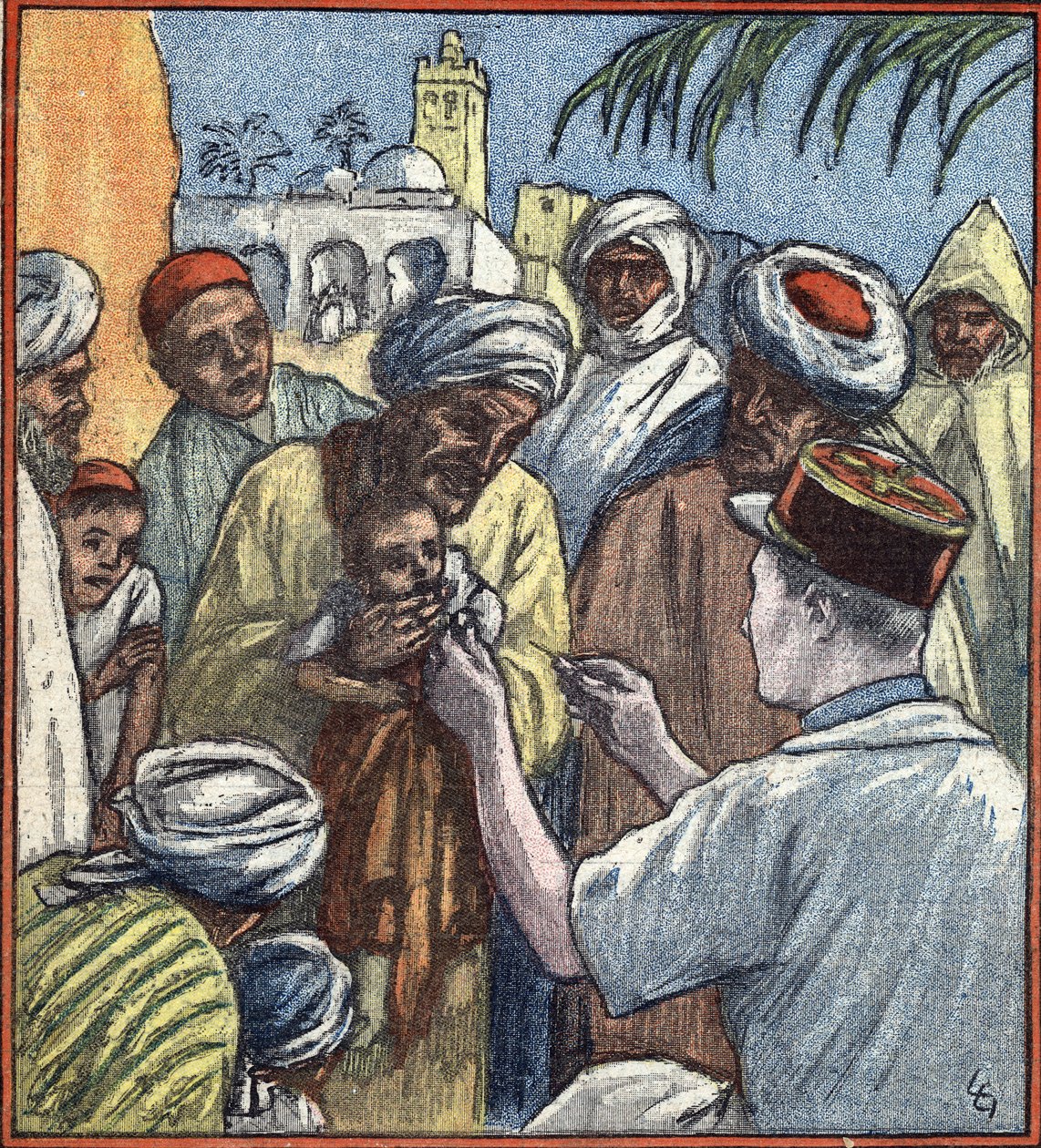 حملة المغرب: "حملة التطعيم من قبل فرق الجيش الفرنسي في قرية معزولة في المغرب، أبريل 1934" (الغزو الفرنسي للمغرب: جنود فرنسيون يلقحون الأطفال في قرى معزولة في المغرب، أبريل 1934) رسم توضيحي من بواسطة فنان غير معروف