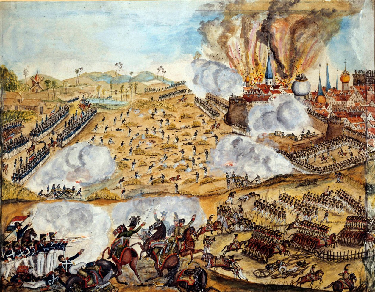 حملة روسيا: "" منظر لمعركتي في سمولينسك ، ليلة 17/8/1812 "لوحة مائية في باريس في القرن التاسع عشر ، متحف Armee بواسطة فنان غير معروف
