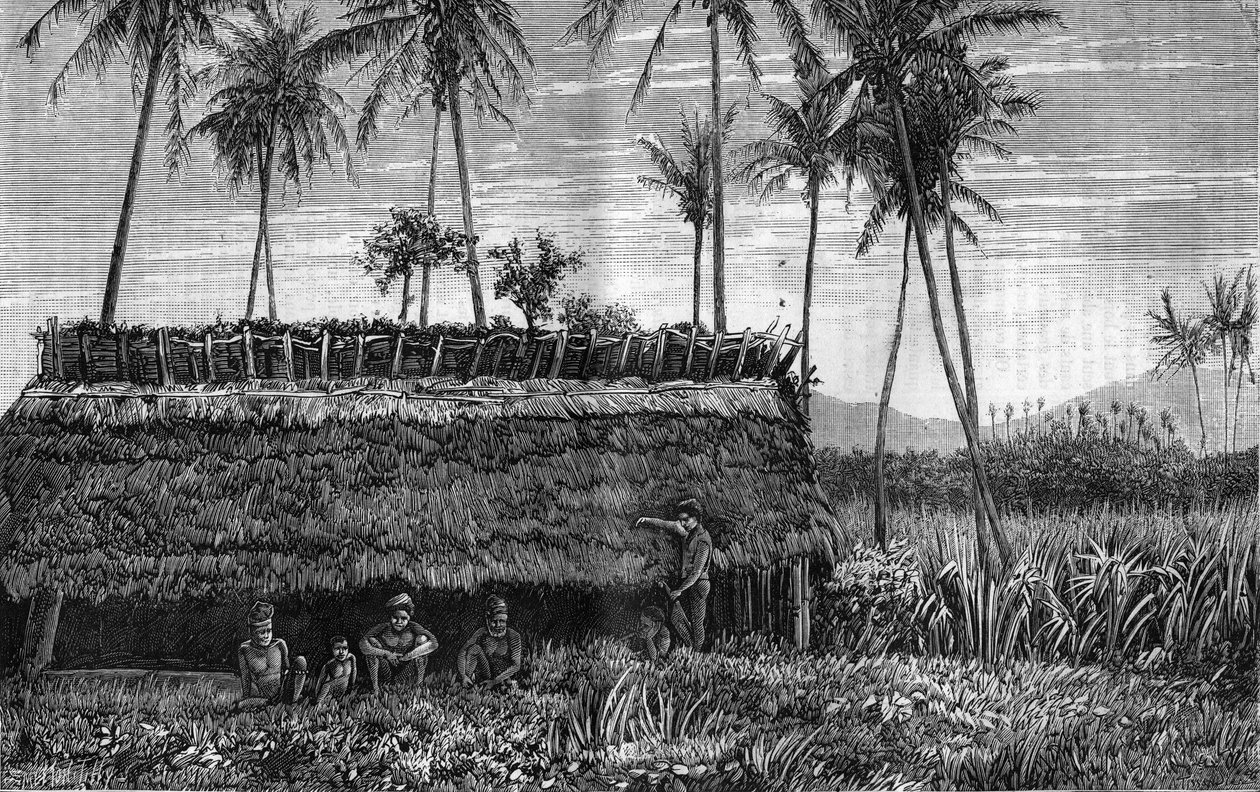 Canaques of New Caledonia (New Caledonia) أمام صندوق أو بيت اجتماعات. نقش في "" La Nature "" بواسطة فنان غير معروف