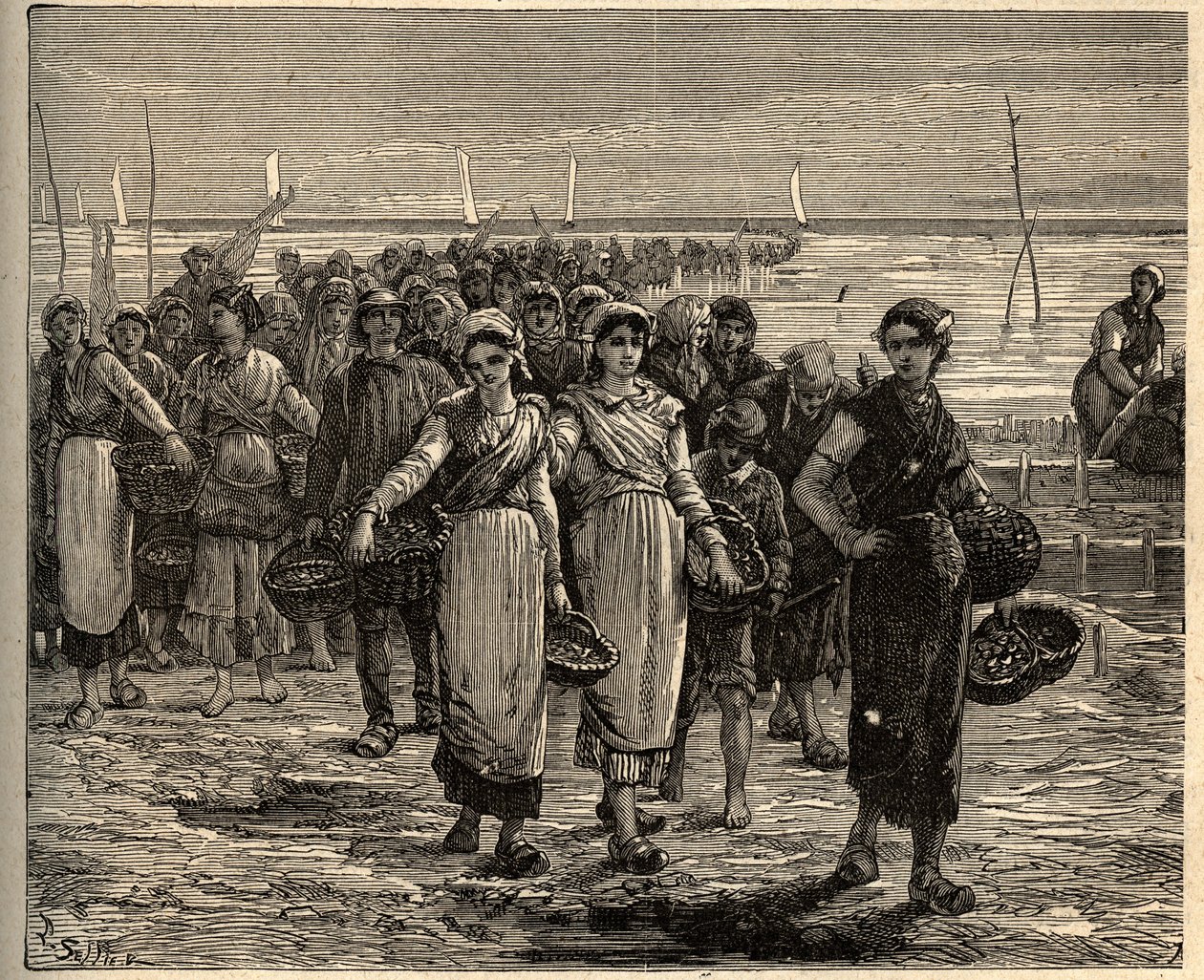 Cancale - Brittany - Les cancalaises عند عودة قوارب الصيد - - نقش في "" PATRIE - صورة وصف مقتضب لفرنسا في 6 مجلدات بواسطة LUCIEN HUARD - نهاية القرن التاسع عشر بواسطة فنان غير معروف