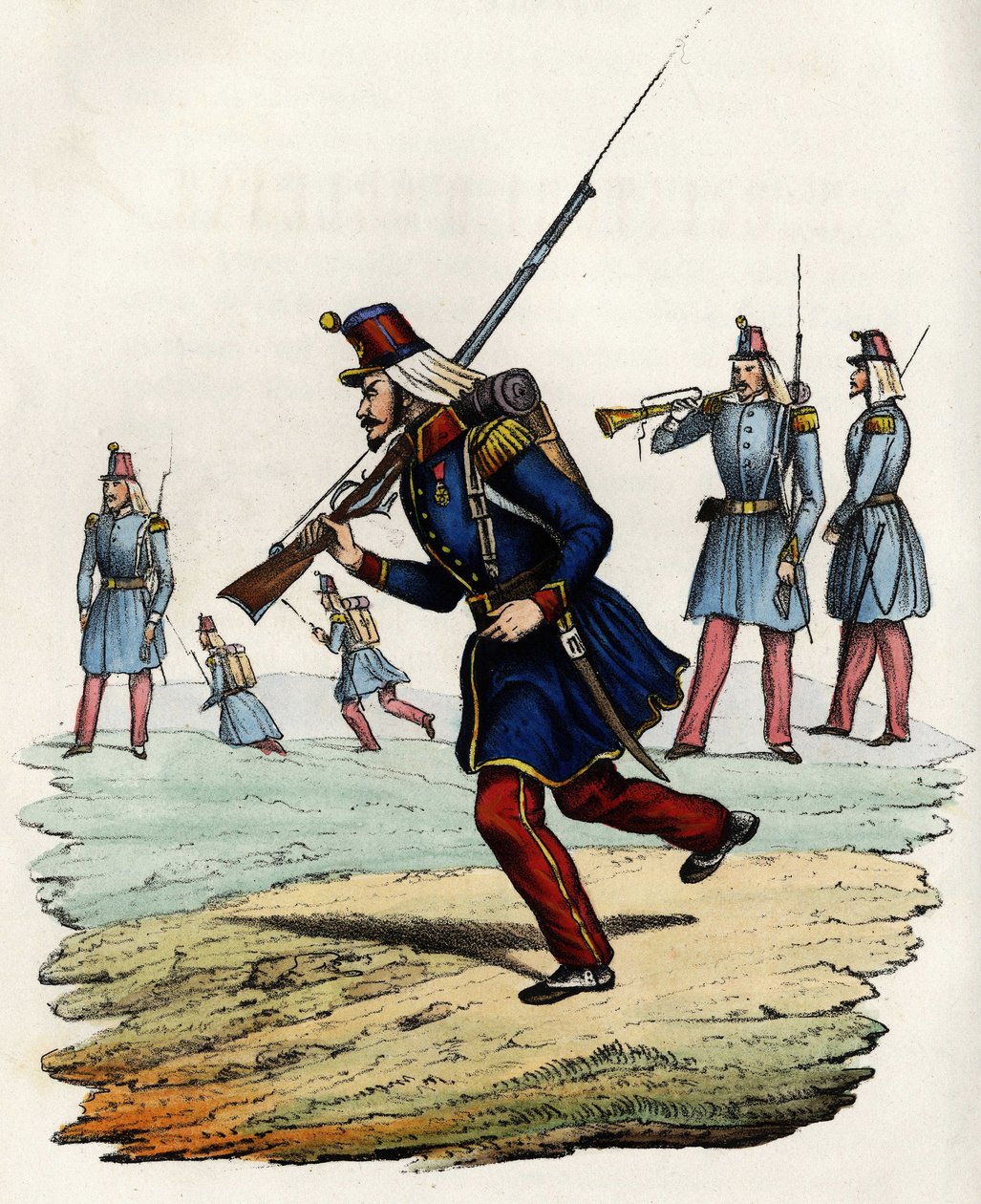 Carabiniers of the Orléans hunters of the French Army ، تم إنشاؤه عام 1840 وإرساله إلى الجزائر عام 1841. في "" Storia d'Algeri "" ، Leone Galibert ، المجلد. 2 بواسطة فنان غير معروف