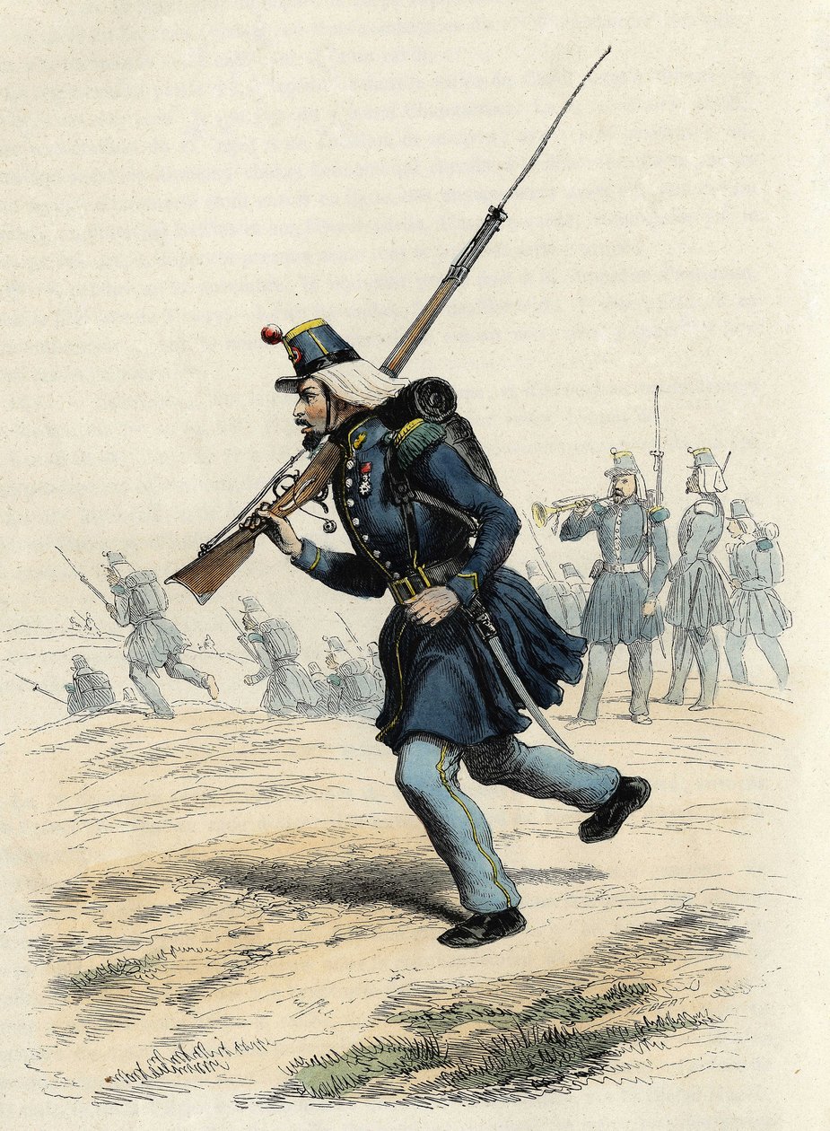 كارابينيرز من صائدي أورليانز التابعين للجيش الفرنسي ، الذي تم إنشاؤه عام 1840 وإرساله إلى الجزائر عام 1841 ، في "" L'Algerie ancienne et moderne "بقلم ليون جاليبرت بواسطة فنان غير معروف