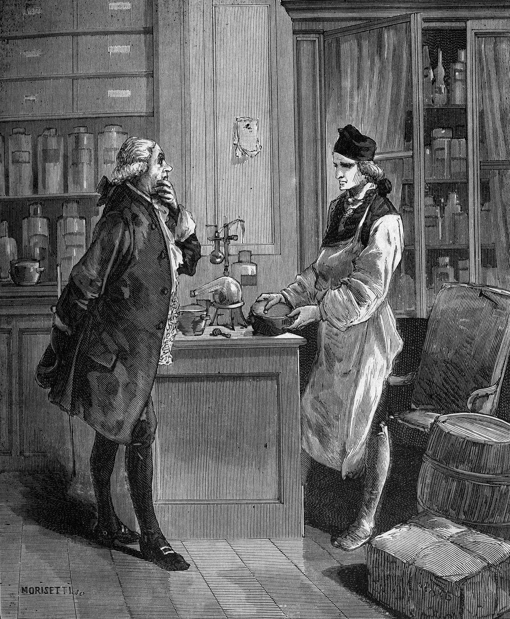 Carl William (Guillaume) Scheele (1742-1788) ، كيميائي سويدي في مختبره مع كيميائي Tobern Bergmann 1735-1784. بواسطة فنان غير معروف