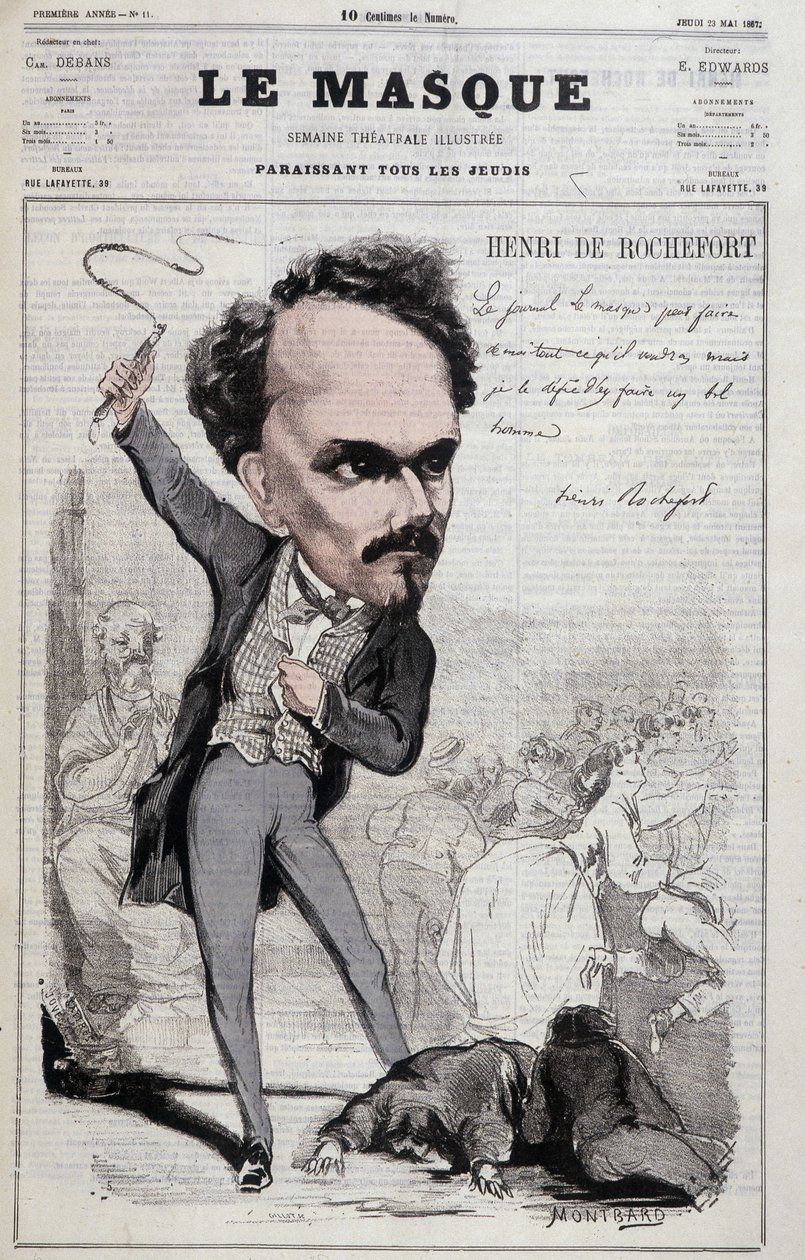 رسم كاريكاتوري لهنري دي روشفور (1831-1913) ، صحفي وسياسي فرنسي أظهر مواقف جمهورية معادية للأسوأ. في "Le Masque" عام 1867 بواسطة فنان غير معروف