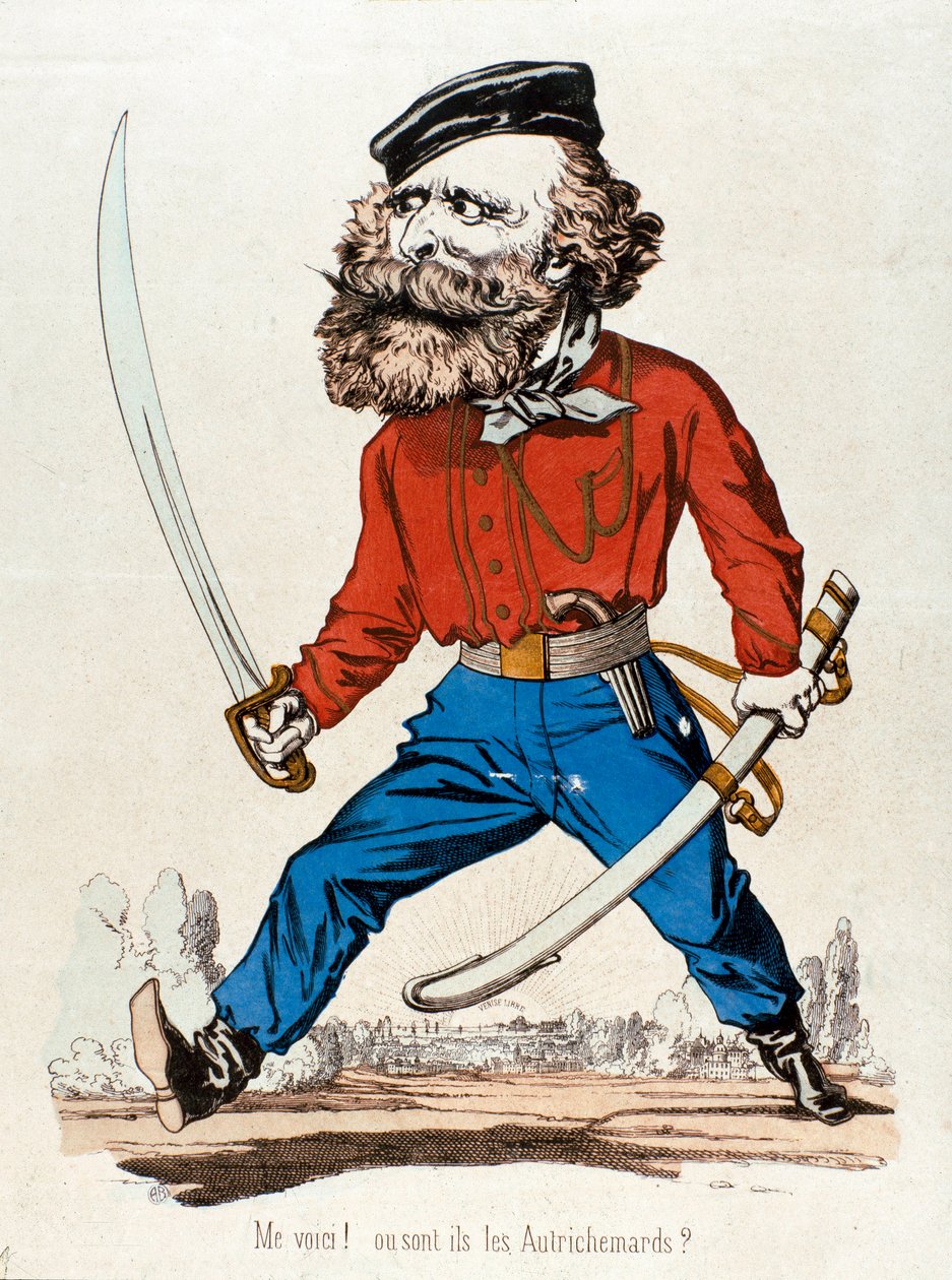 Cartoon depicting Giuseppe Garibaldi (1807-1882), Italian patriot and heros of the Risorgimento, exclaiming “” Me voic! ou sont les Austrihemards””” Engraving of the 19th century Private Collection - Giuseppe Garibaldi (1807-1882), Italian patriot and Riso بواسطة فنان غير معروف