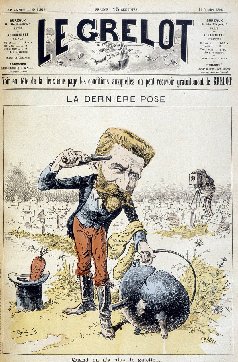 رسم كاريكاتوري عن انتحار الجنرال بولانجر - في "لو غريلو" بتاريخ 11/10/1891 بواسطة فنان غير معروف