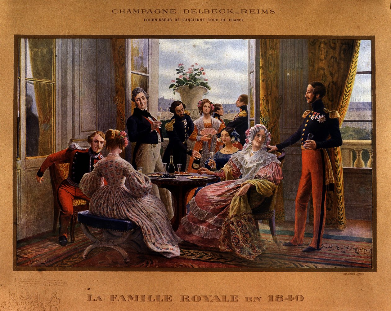 خدم الشمبانيا على المائدة الملكية في عام 1840 - ملصق إعلاني لشمبانيا Delbeck "" مورد البلاط الفرنسي السابق "، أواخر القرن التاسع عشر بواسطة فنان غير معروف