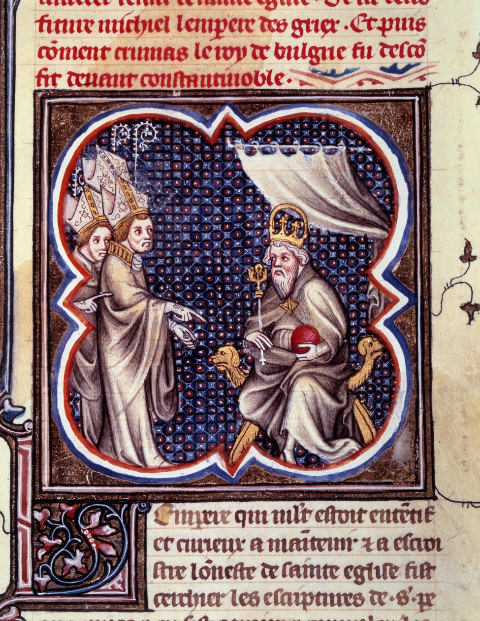 شارلمان والأساقفة. صورة مصغرة في "" Grandes Chronicles de France. Grandes Chronicles de France بقلم شارل الخامس "(الورقة 102) ، حوالي 1375-1380. BN ، باريس بواسطة فنان غير معروف