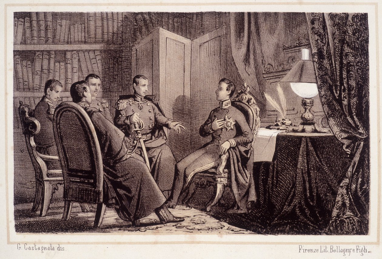 يعد تشارلز ألبرت (1798 - 1849) بمساعدة ثورة بيدمونت 1821 - في "" Storia d'Italia " بواسطة فنان غير معروف