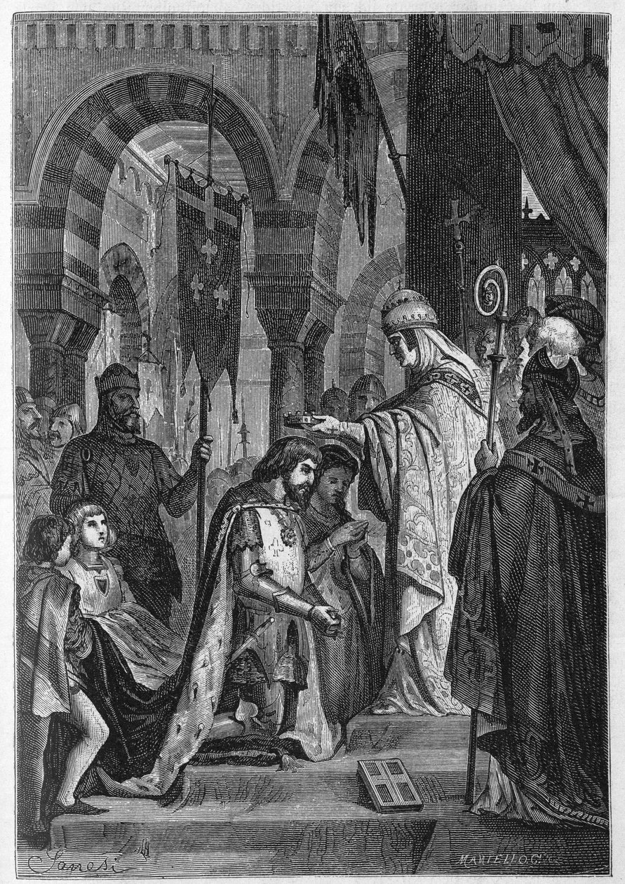 تم استثمار تشارلز الأول من أنجو (تشارلز الأول من صقلية) (1226-1285) في مملكة صقلية في 28/06/1265 من قبل البابا كليمنت الرابع (ضد 1195-1268). بواسطة فنان غير معروف
