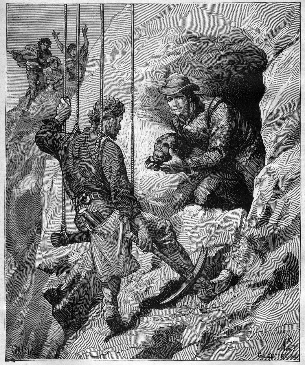 تشارلز وينر (1851-1913) مستكشف ودبلوماسي فرنسي يستكشف كهف دفن في بيرو - نقش في "" مجلة ديس فوياج "" "1887 بواسطة فنان غير معروف