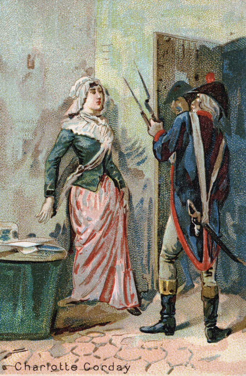 شارلوت كورداي (1768 - 1793) بعد مقتل مارات. ليبيج chromolithography من القرن التاسع عشر بواسطة فنان غير معروف