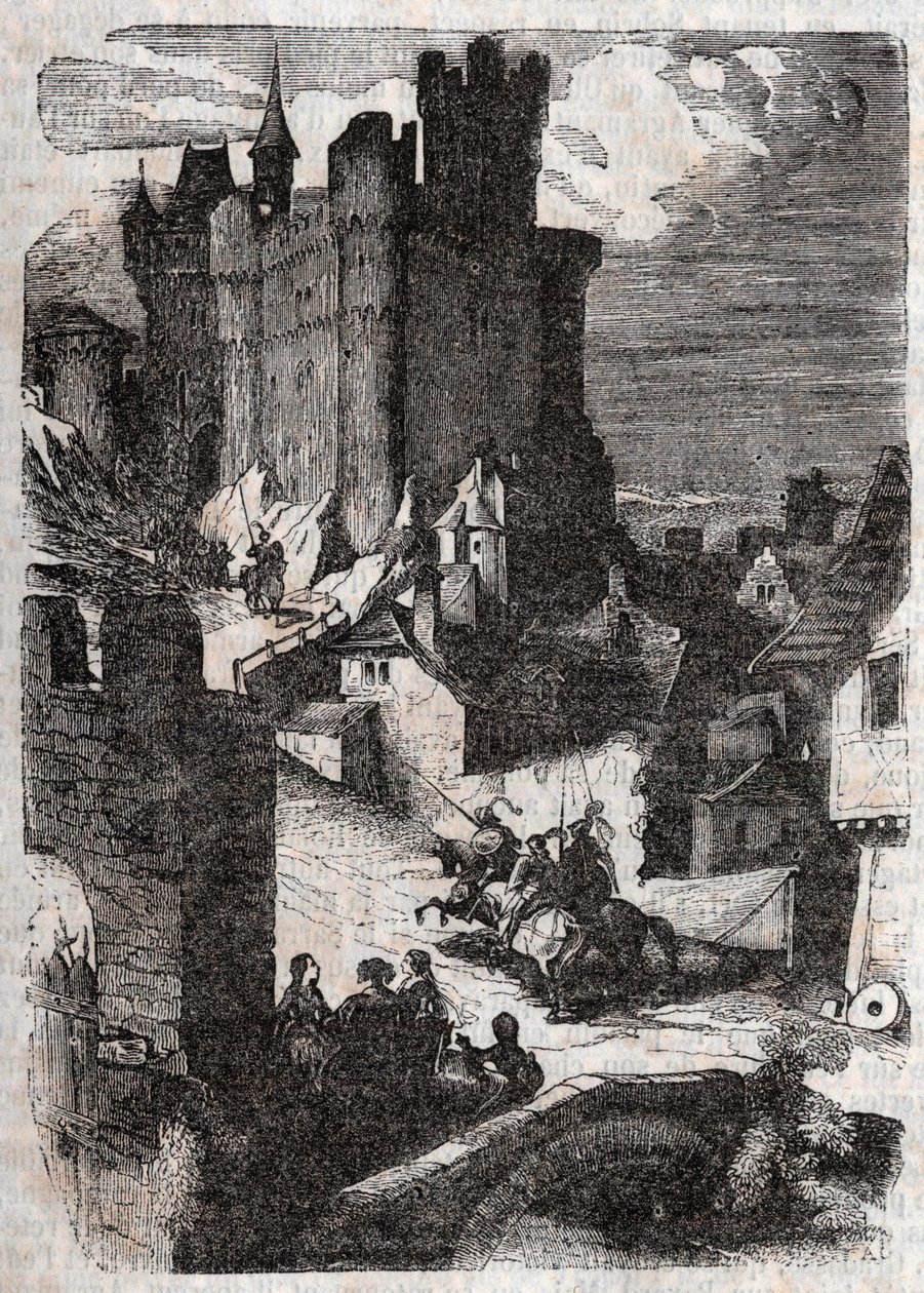 شاتو دي مارجانور - نقش عام 1851 من "" Roland furieux "(أورلاندو فوريوسو) (القرن السادس عشر) بواسطة Ludovico Ariosto ، المعروف باسم Ariosta - نسخة مترجمة من الإيطالية بواسطة Count of Tressan ونشرها Gustave Harvard 1851 بواسطة فنان غير معروف