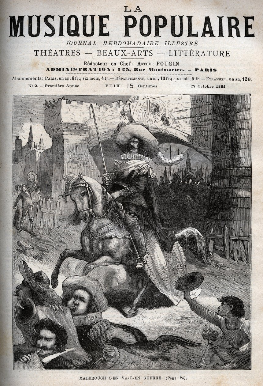 أغاني الأطفال في القرن الثامن عشر - Malbrough s'en va-t-en guerre - (جون تشرشل - دوق مارلبورو الأول) نقش في جريدة أسبوعية شهيرة "La musique populaire" "" - 1882 بواسطة فنان غير معروف