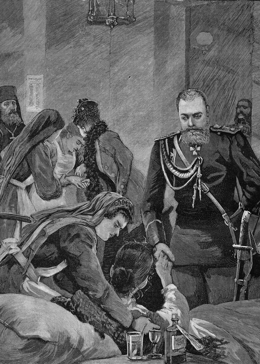 الكوليرا في روسيا عام 1892: ألكسندر الثالث ، إمبراطور روسيا وزوجته ماريا فيودوروفنا ، إمبراطور روسيا يزوران المستشفى. نقش من عام 1892. بواسطة فنان غير معروف