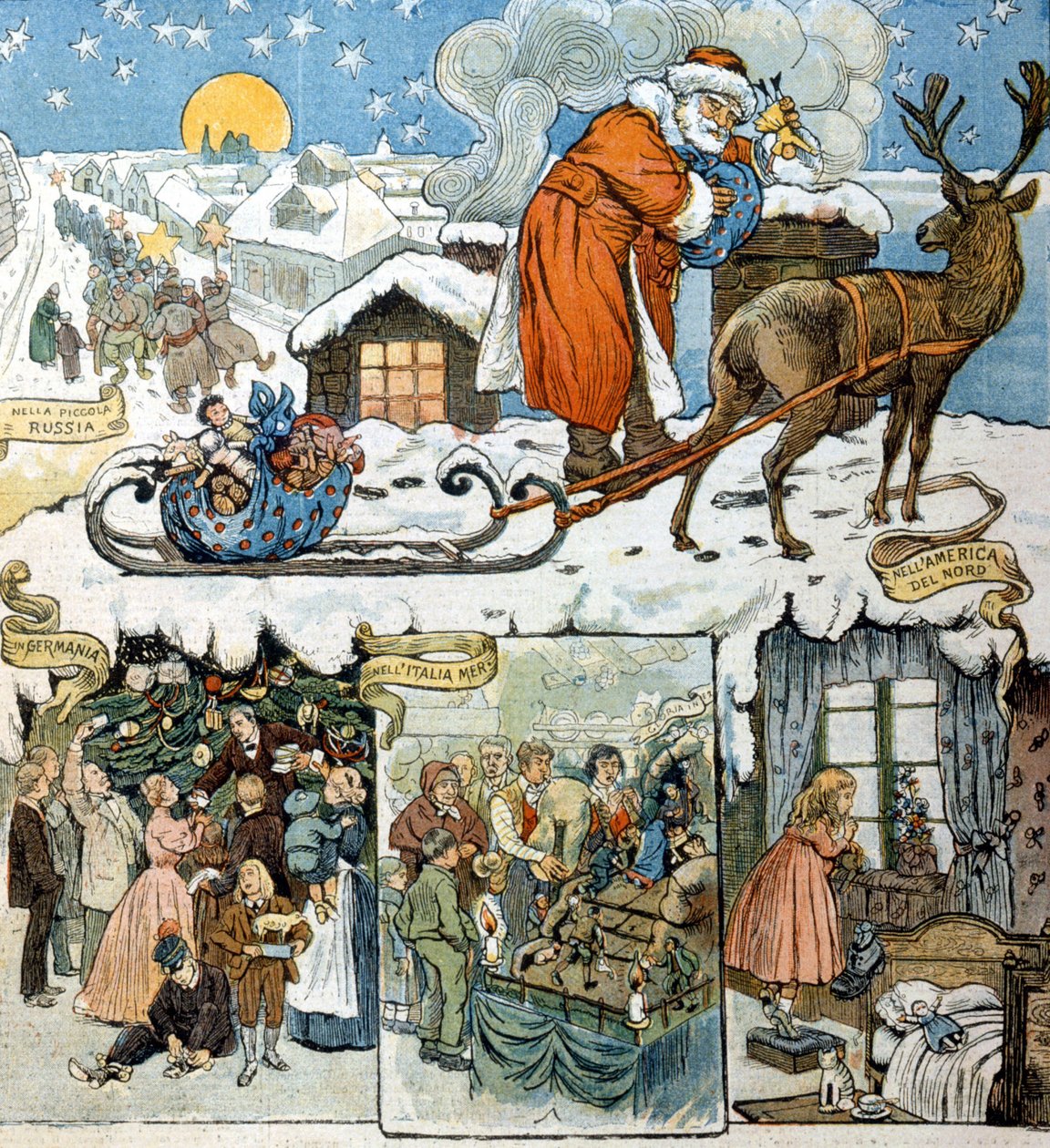 عيد الميلاد مخصص في مختلف البلدان: روسيا وألمانيا وإيطاليا وأمريكا الجنوبية. 1892 بواسطة فنان غير معروف