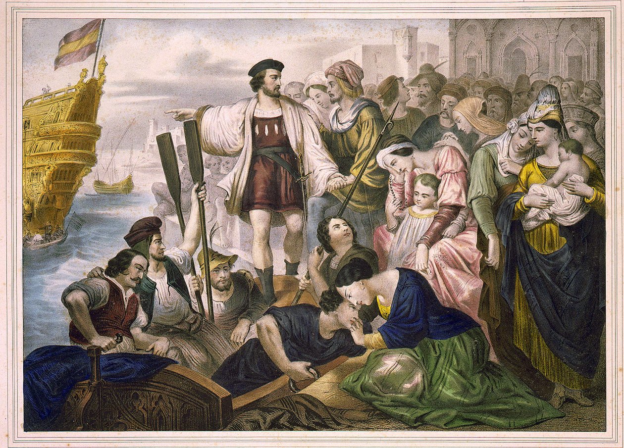 غادر كريستوفر كولومبوس والأخوان بينزون ميناء بالوس في إسبانيا في 3/8/1492 متجهين إلى العالم الجديد. نقش sd. النصف الثاني من القرن التاسع عشر. بواسطة فنان غير معروف