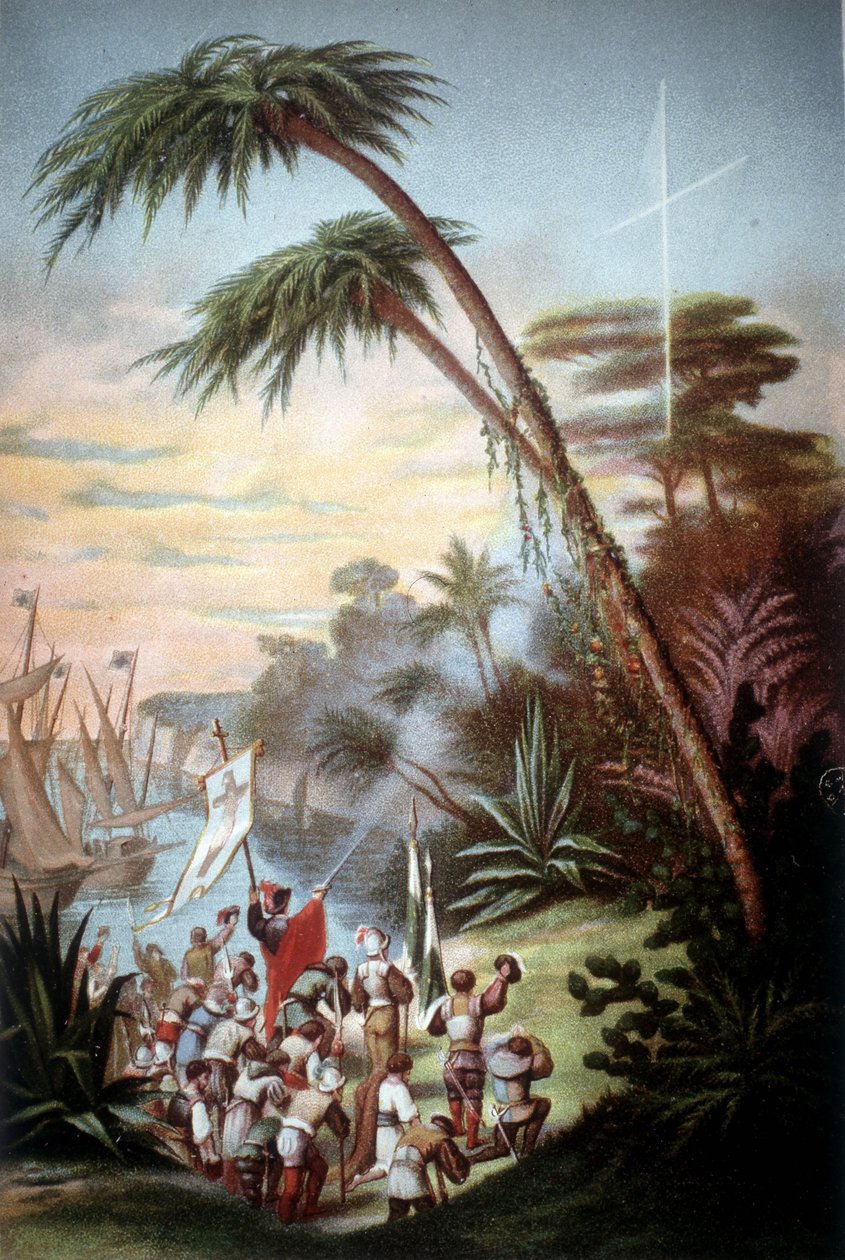وصل كريستوفر كولومبوس إلى سان سلفادور عام 1492. بواسطة فنان غير معروف