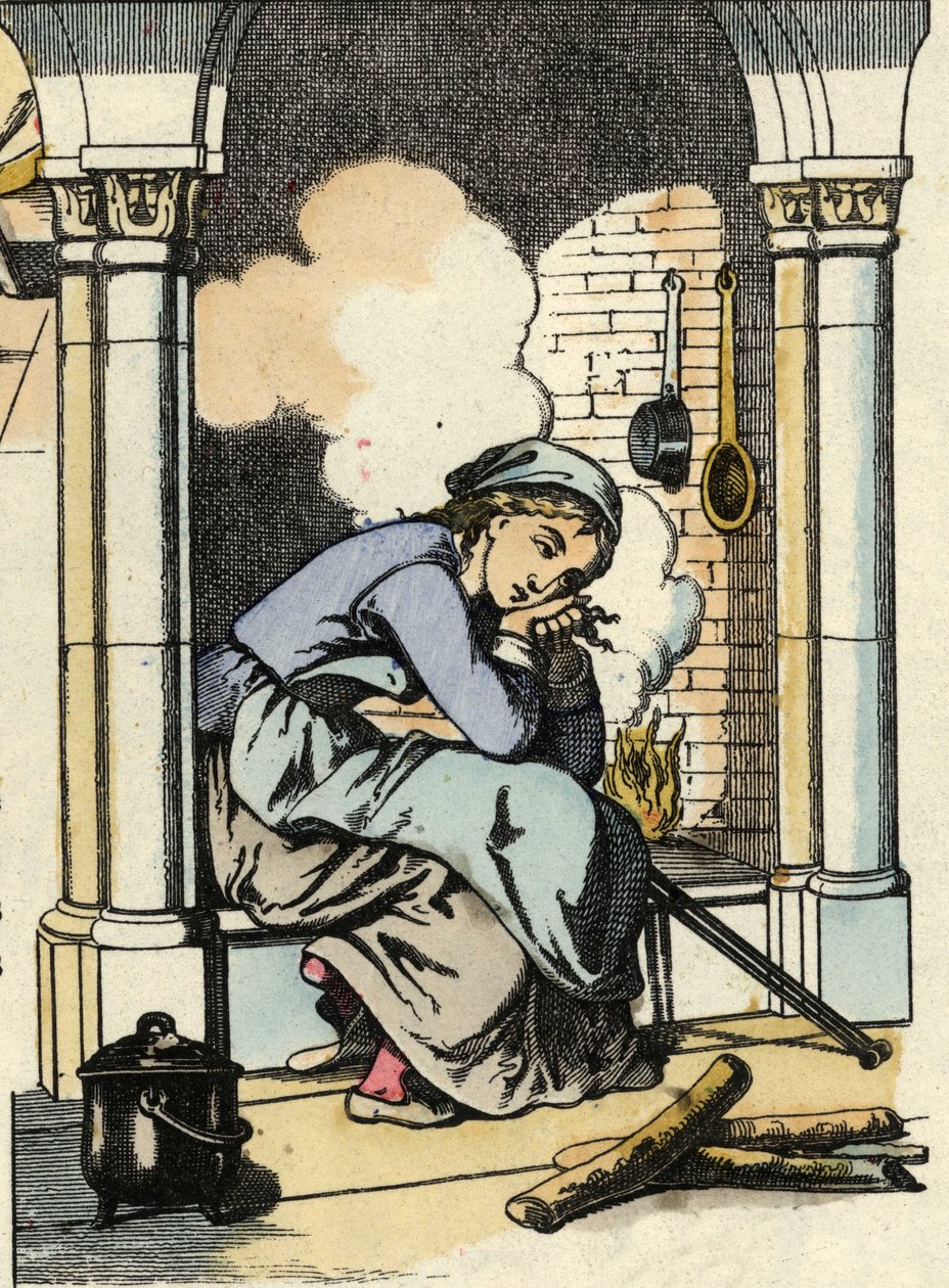 تحلم سندريلا بحياة أفضل بالقرب من مدفأة المطبخ. رسم توضيحي لقصة تشارلز بيرولت "Cinderella or La petite slipper de verre" بواسطة فنان غير معروف