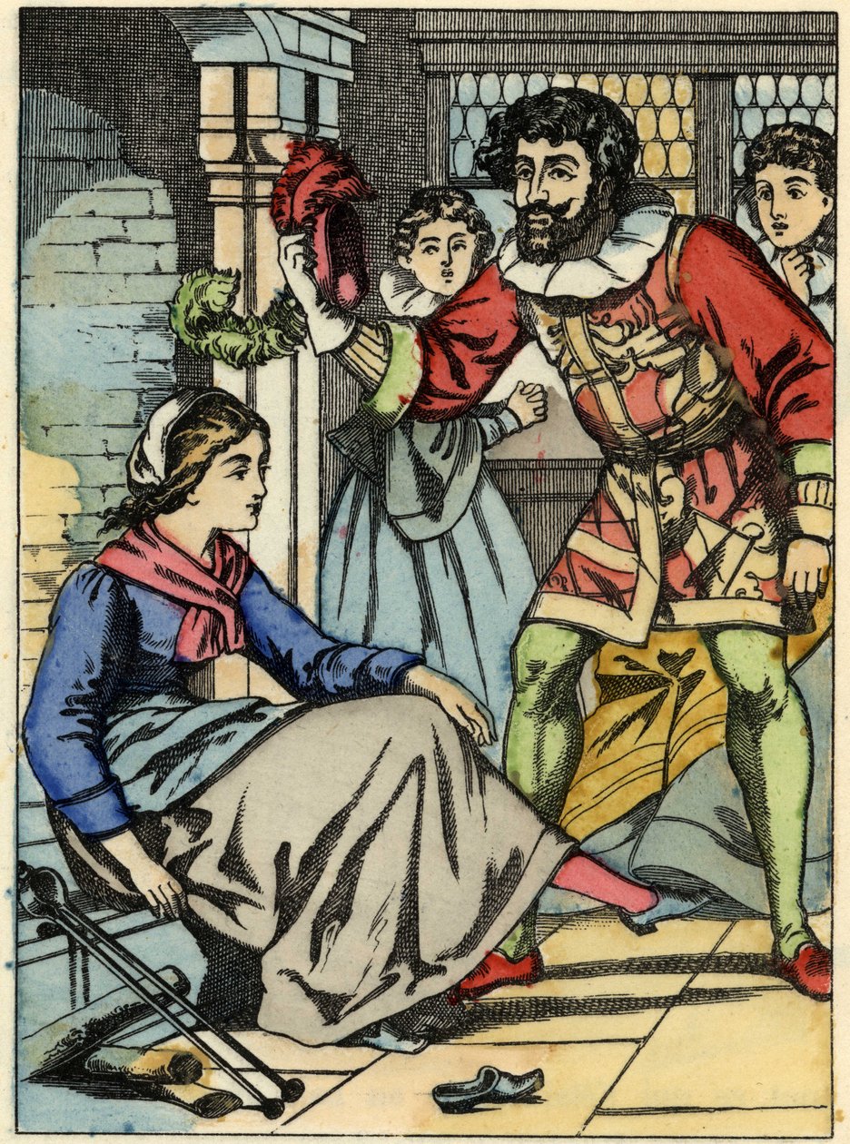 تحاول سندريلا تجربة الحذاء الزجاجي الذي وجده الأمير. رسم توضيحي لقصة تشارلز بيرولت "Cinderella or La petite slipper de verre" بواسطة فنان غير معروف