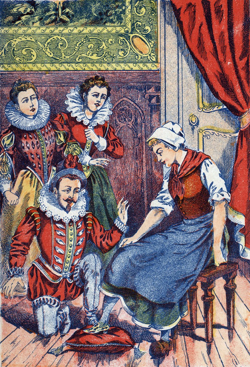 سندريلا تحاول النعال. رسم مجهول لـ "" سندريلا "، حكاية تشارلز بيرولت (1628-1703) ، الكاتب الفرنسي. الصور مارسيل فاني ، جارفيل نانسي ، بدون تاريخ (أواخر القرن التاسع عشر). بواسطة فنان غير معروف