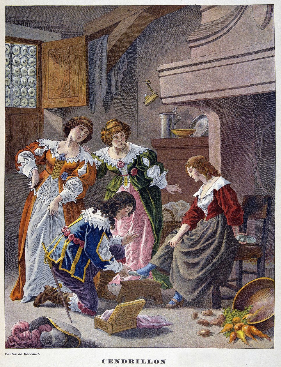 سندريلا تحاول ارتداء حذاء فير - في "" Les Tales de Perrault "" بواسطة فنان غير معروف
