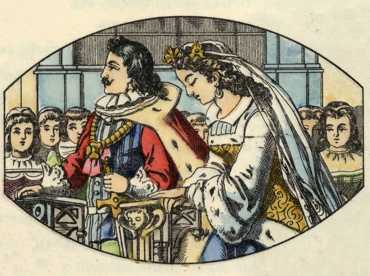 حفل زفاف سندريلا مع الأمير. رسم توضيحي لقصة تشارلز بيرولت "Cinderella or La petite slipper de verre" بواسطة فنان غير معروف