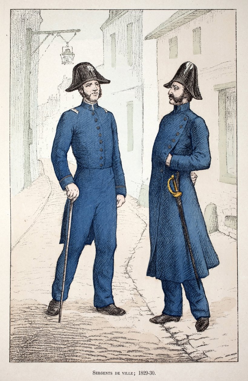 رقباء المدينة (1829-1830). النقش بالألوان ، للتوضيح ، كتاب "" Histoire du corps des gardiens de la paix "" "" المنشور تحت رعاية لويس ليبين (1846-1933) حاكم شرطة نهر السين ، ألفريد ري (1864-؟) ولويس فيرون (1862-؟) بواسطة فنان غير معروف