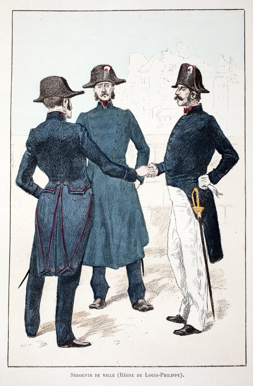 رقباء المدينة ، عهد لويس فيليب الأول (لويس فيليب) دورلينز (1773-1850). نقش بالألوان ، للتوضيح "كتاب" Histoire du corps des gardiens de la paix "" "" المنشور تحت رعاية Louis Lepine (1846-1933) prefet de police de la بواسطة فنان غير معروف