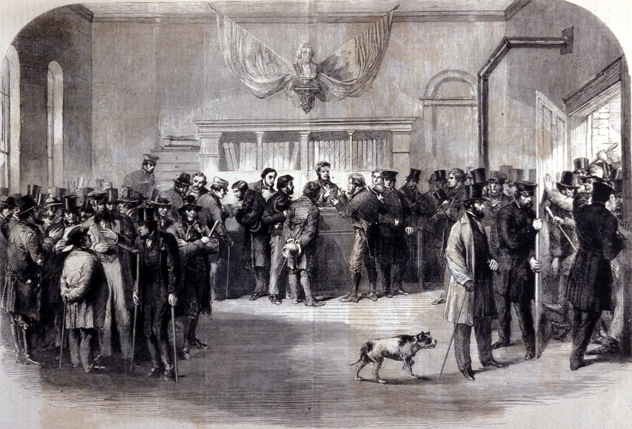 الحرب الأهلية (1861 - 1865) ، الحرب الأهلية الأمريكية. الضلوع ضد التجنيد امام مكاتب الاعفاء. نيويورك. بواسطة فنان غير معروف
