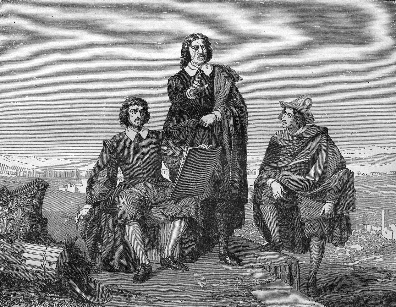كلود لورين ونيكولاس بوسان وجاسبار دوغيت (Guaspre Poussin) في المنطقة الرومانية. نقش القرن التاسع عشر. بواسطة فنان غير معروف