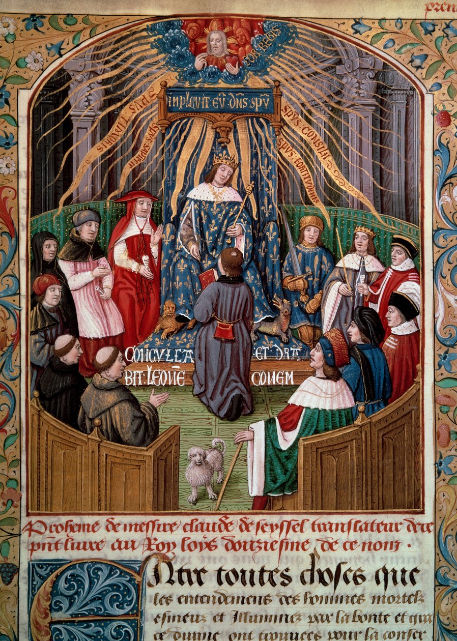 قدم كلود دي سيسيل (توفي عام 1520) كتابه للملك لويس الثاني عشر (1462-1515) صورة مصغرة من كتاب كلود دي سيسيل "La Grande Monarchy de France" بواسطة فنان غير معروف