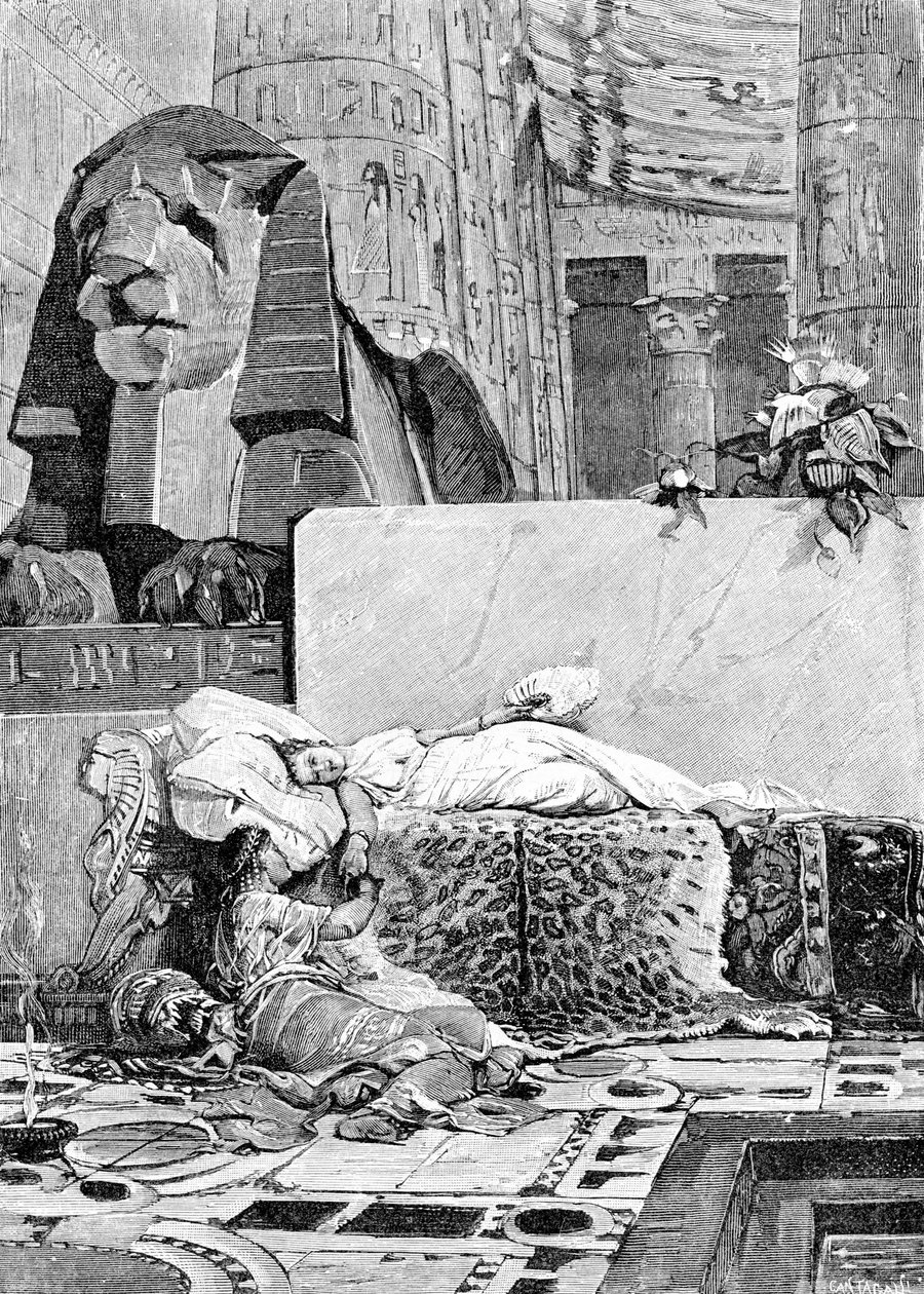 كليوباترا (69 قبل الميلاد - 30 قبل الميلاد) وأنتوني أو مارك أنطوان (83 قبل الميلاد - 30 قبل الميلاد) بعد هزيمة الإمبراطورية الرومانية. نقش القرن التاسع عشر. بواسطة فنان غير معروف