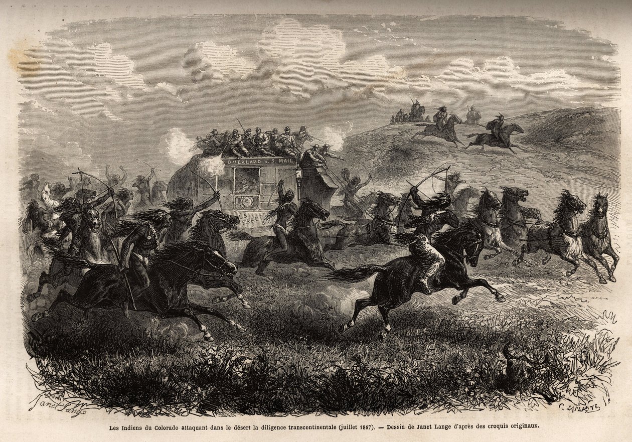 هاجم هنود كولورادو الاجتهاد العابر للقارات في الصحراء في يوليو 1867. نقش للتوضيح le voyage au أقصى غرب أمريكا ، بقلم ML Simonin ، في عام 1867 ، نُشر في "Le tour du monde ، nouveau journal des voyages" ، تحرير إدوارد تشارت بواسطة فنان غير معروف