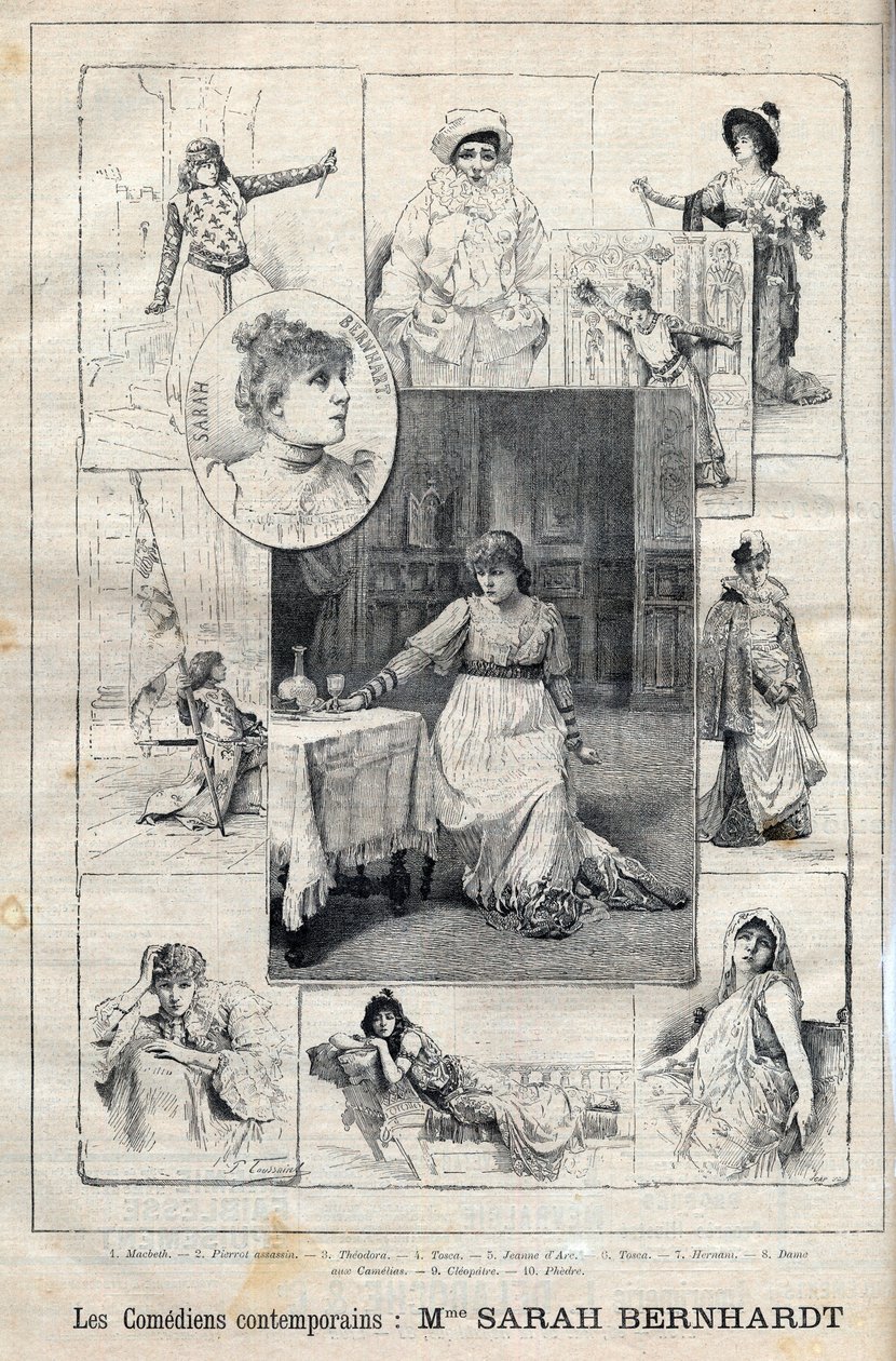 الممثل الكوميدي سارة برنهارد (1844-1923) في ماكبث - قاتل بييرو - ثيودورا - توسكا - جان دارك - توسكا - هيرنام - ليدي أوف كاميلياس - كليوباترا - فيدرون - نقش في "التقدم اللامع" لعام 1895 بواسطة فنان غير معروف