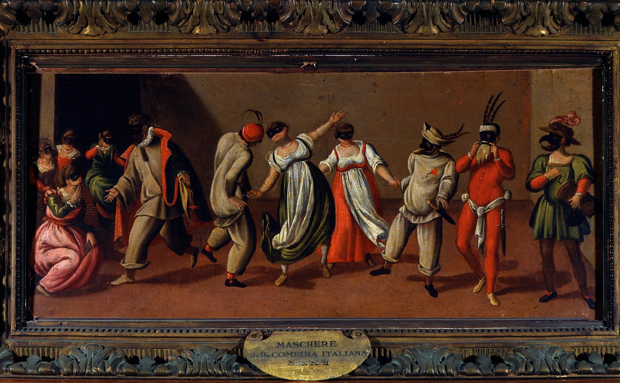 Commedia dell'arte: "" Masks of the Italian Dance Comedy "" لوحة مجهولة من القرن السابع عشر - ميلانو ، متحف ديل تياترو ألا سكالا بواسطة فنان غير معروف
