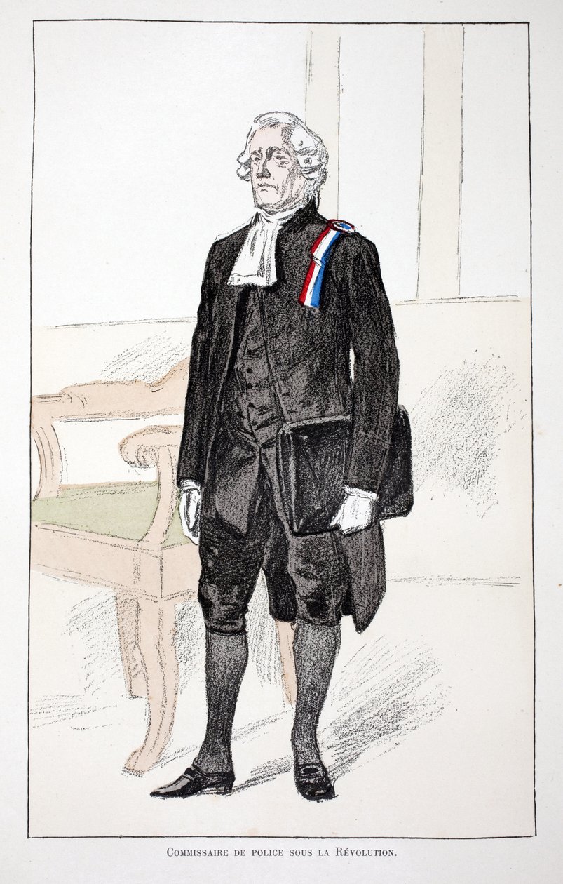 مفوض الشرطة أثناء الثورة (1789-1799). النقش بالألوان ، للتوضيح ، كتاب "" Histoire du corps des gardiens de la paix "" "" الذي نُشر تحت رعاية حاكم شرطة نهر السين لويس ليبين (1846-1933) ، بقلم ألفريد ري (18 بواسطة فنان غير معروف