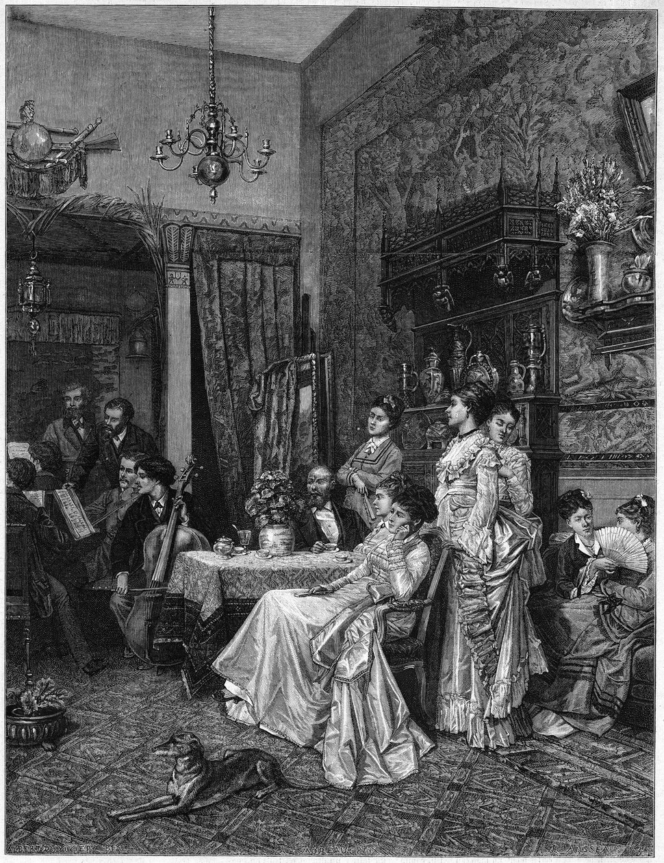 حفل موسيقي للهواة في أستوديو فنان. استنساخ لوحة لأدريان مورو (1843-1906) عُرضت في صالون دي 1873. بواسطة فنان غير معروف