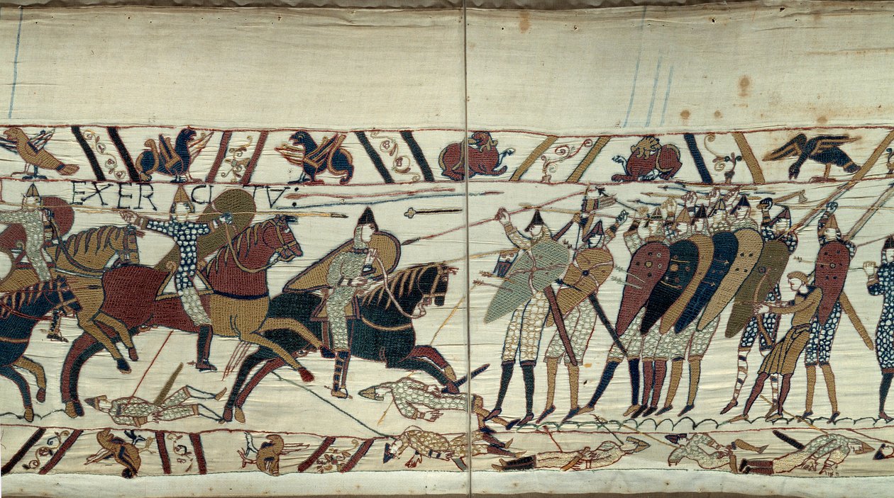 غزو إنجلترا بواسطة ويليام الفاتح (1027-1087) في عام 1066 ، مشهد قتالي بين سلاح الفرسان النورمانديين يحمل المشاة السكسونيين للملك هارولد الثاني ملك إنجلترا تفاصيل بايو نسيج أو تطريز الملكة ماتيلد بواسطة فنان غير معروف