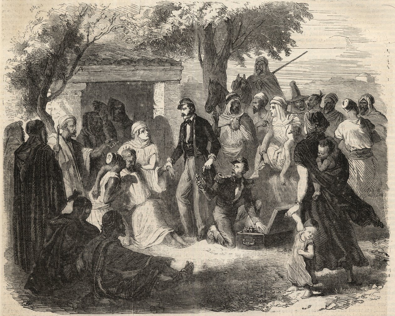 Conquete de l'Algerie: رحلة استكشافية إلى منطقة القبائل الكبرى عام 1857: جراحون من الجيش الفرنسي. نقش في "لوموند لامع" من عام 1857. مجموعة خاصة. بواسطة فنان غير معروف