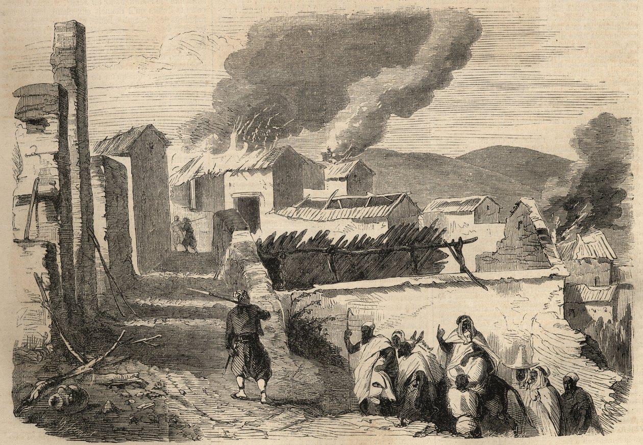 غزو الجزائر: رحلة استكشافية إلى منطقة القبائل الكبرى عام 1857. تسليم بني ييني بناءً على رسم للسيد أميلر ، قائد كتيبة الزواف الأول. نقش في "لوموند لامع" من عام 1857. مجموعة خاصة. بواسطة فنان غير معروف