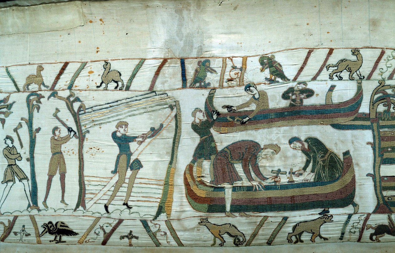 غزو إنجلترا من قبل دوق نورماندي ويليام الفاتح (1027-1087): بناء الأسطول النورماندي تفاصيل نسيج بايو أو تطريز الملكة ماتيلد بواسطة فنان غير معروف