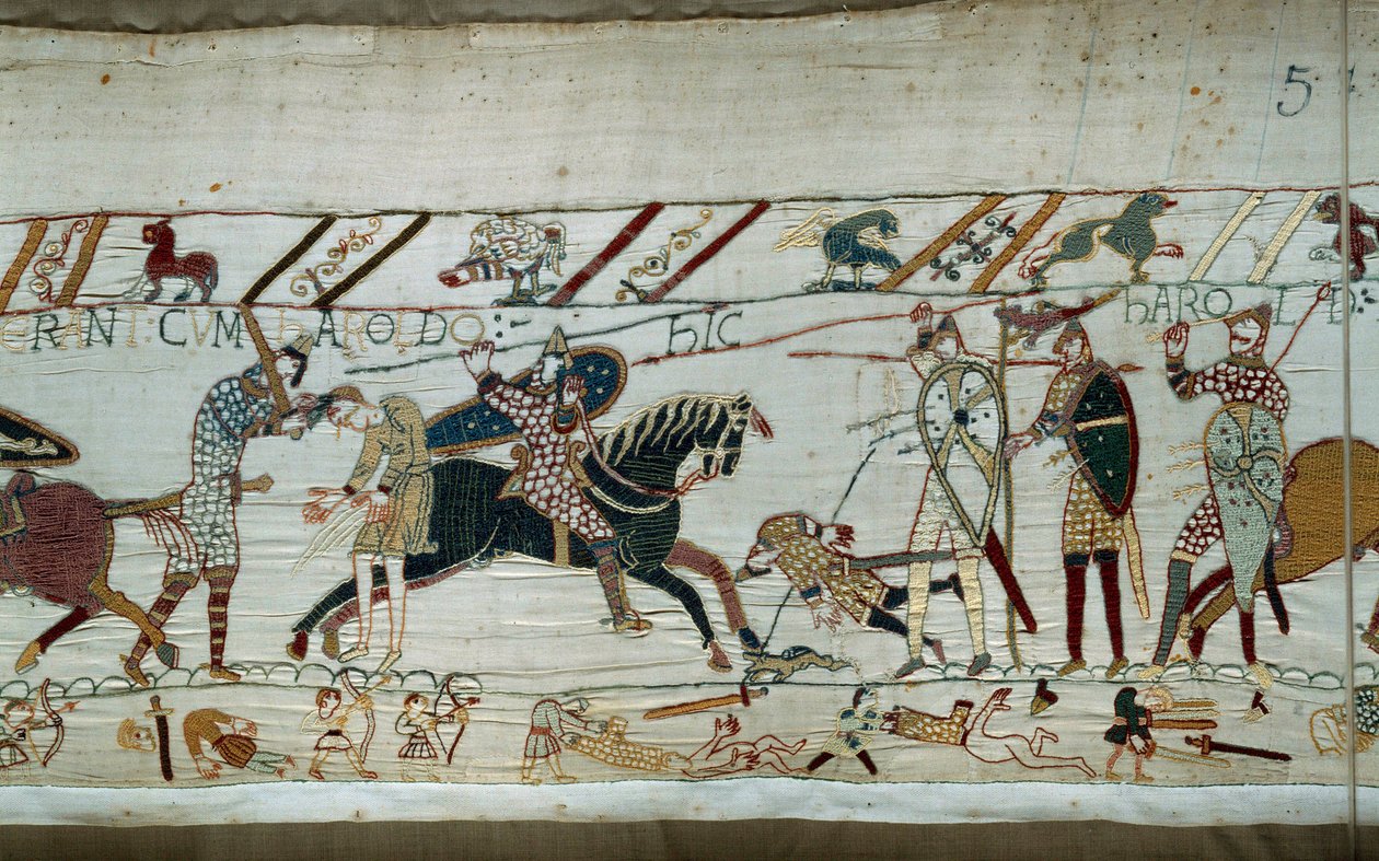 غزو إنجلترا من قبل دوق نورماندي ويليام الفاتح (1027-1087) في عام 1066: مذبحة النورمانديين للجيوش السكسونية ، وقتل الملك هارولد بسهم وجد في العين تفاصيل نسيج بايو أو تطريز الملكة ماتيلد بواسطة فنان غير معروف