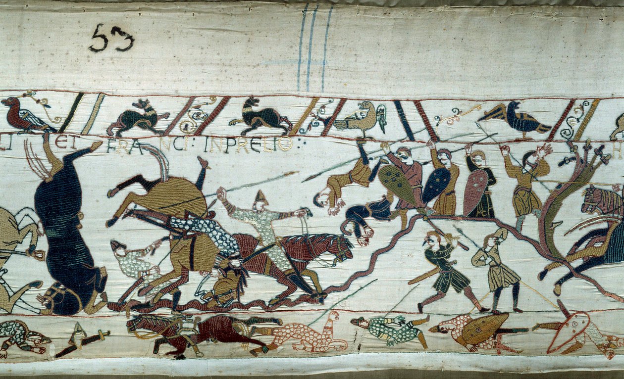 غزو إنجلترا من قبل دوق نورماندي ويليام الفاتح (1027-1087) في 1066: معركة هاستينغز تفاصيل بايو نسيج أو تطريز الملكة ماتيلد بواسطة فنان غير معروف