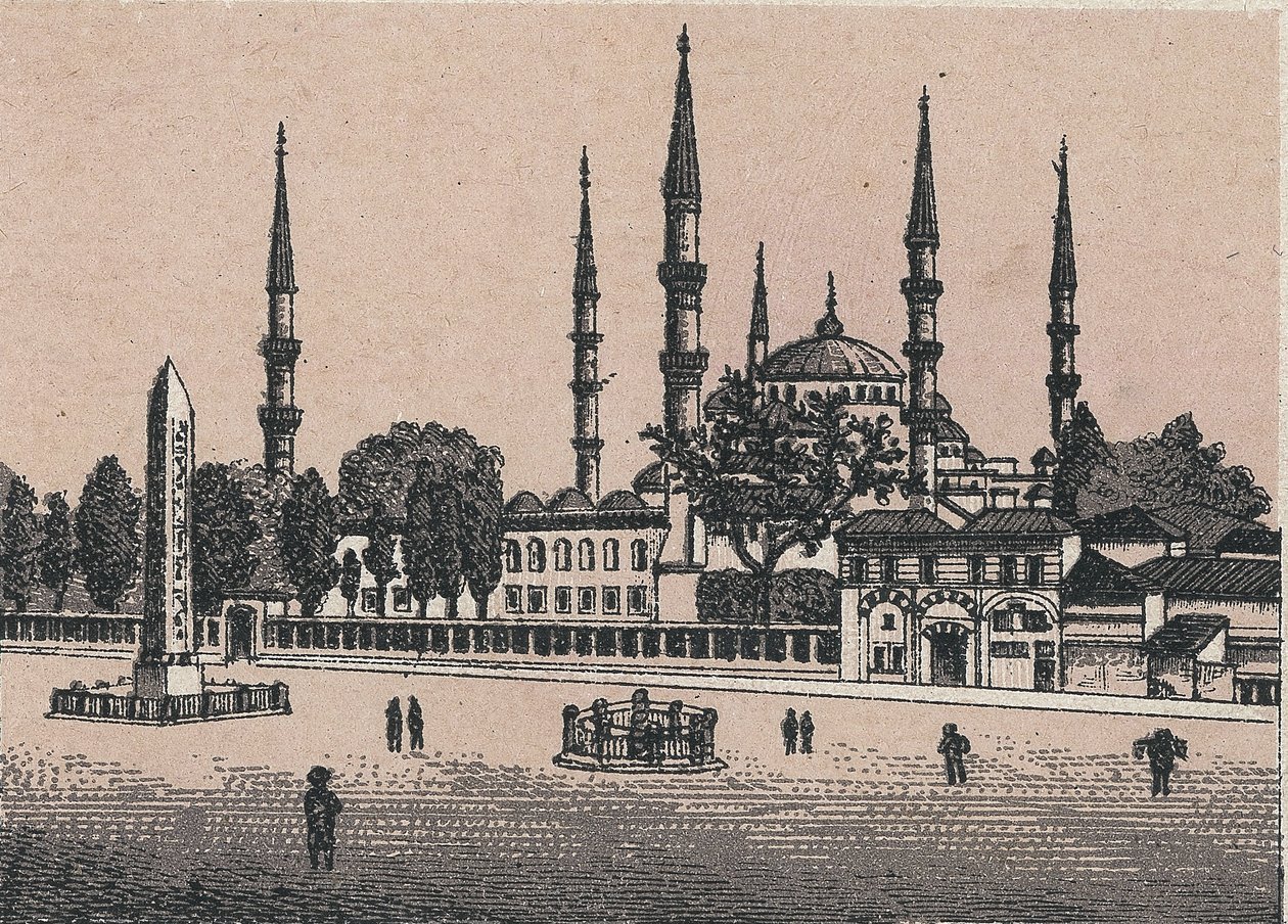 القسطنطينية ، تركيا: منظر لمسجد السلطان أحمد (جامع السلطان أحمد). في "" العالم يوضح 168 مشاهدة "" غير مؤرخ (نهاية القرن التاسع عشر) بواسطة فنان غير معروف